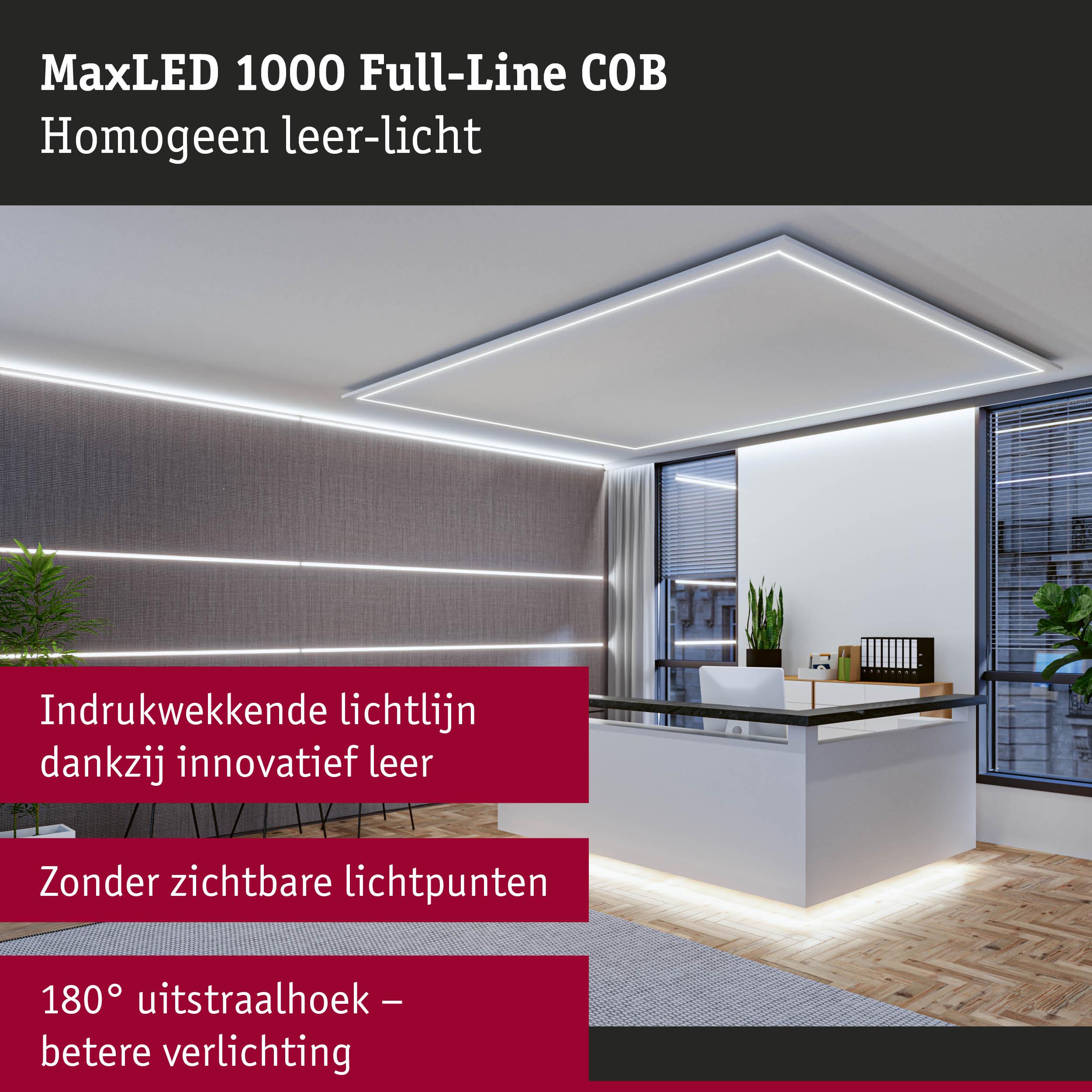 Modern kantoor met MaxLED 1000 Full-Line COB LED-lichtlijnen aan plafond en muur voor gelijkmatige verlichting