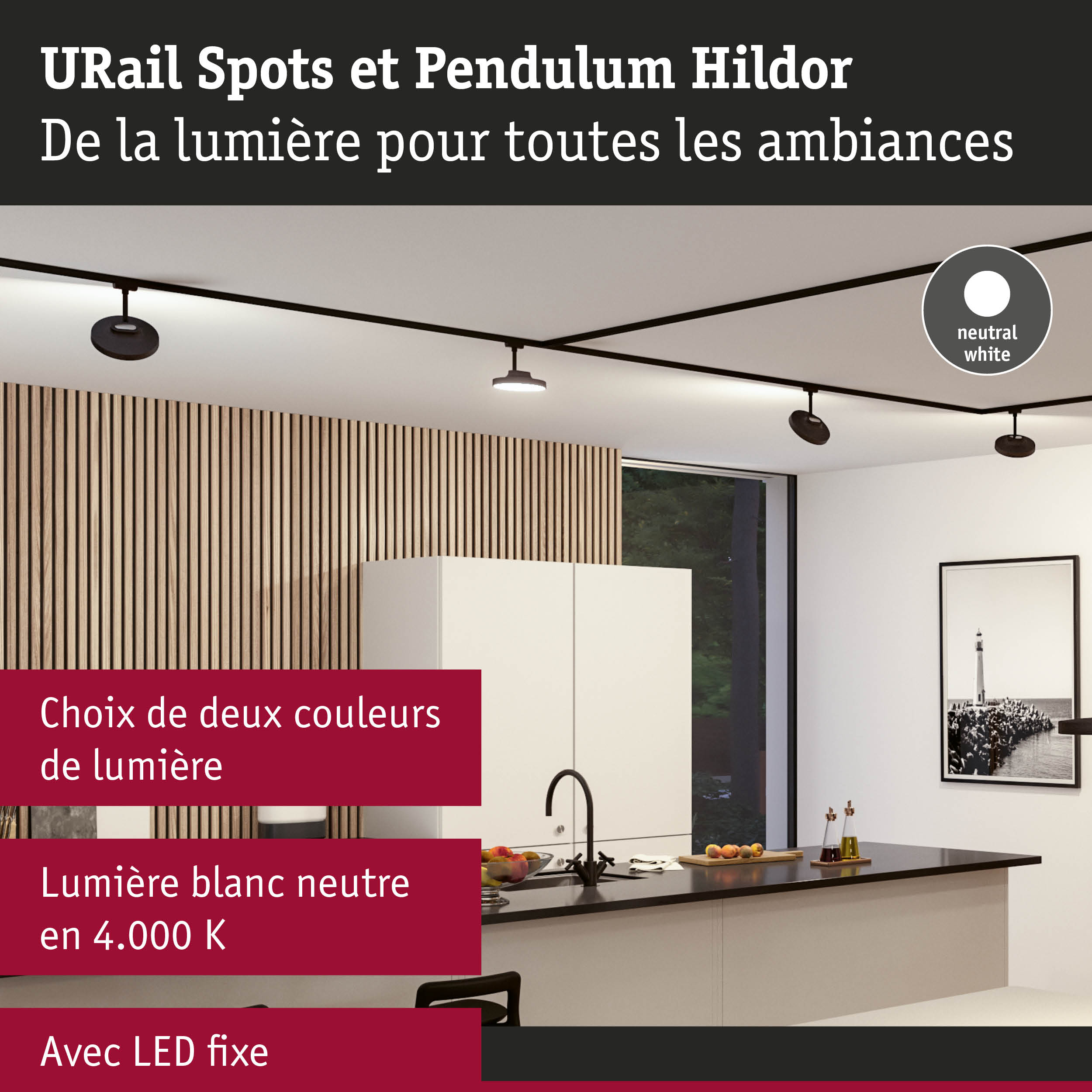 Spots noirs URail modernes avec lumière LED blanc neutre dans une cuisine minimaliste avec panneaux en bois
