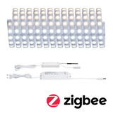 Flexible LED light strip with white controller and power supply, compatible with Zigbee smart home system.