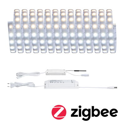 Flexible LED light strip with white controller and power supply, compatible with Zigbee smart home system.