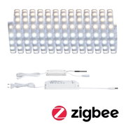 Flexibler LED-Lichtstreifen mit weißem Controller und Netzteil, kompatibel mit Zigbee Smart Home System.