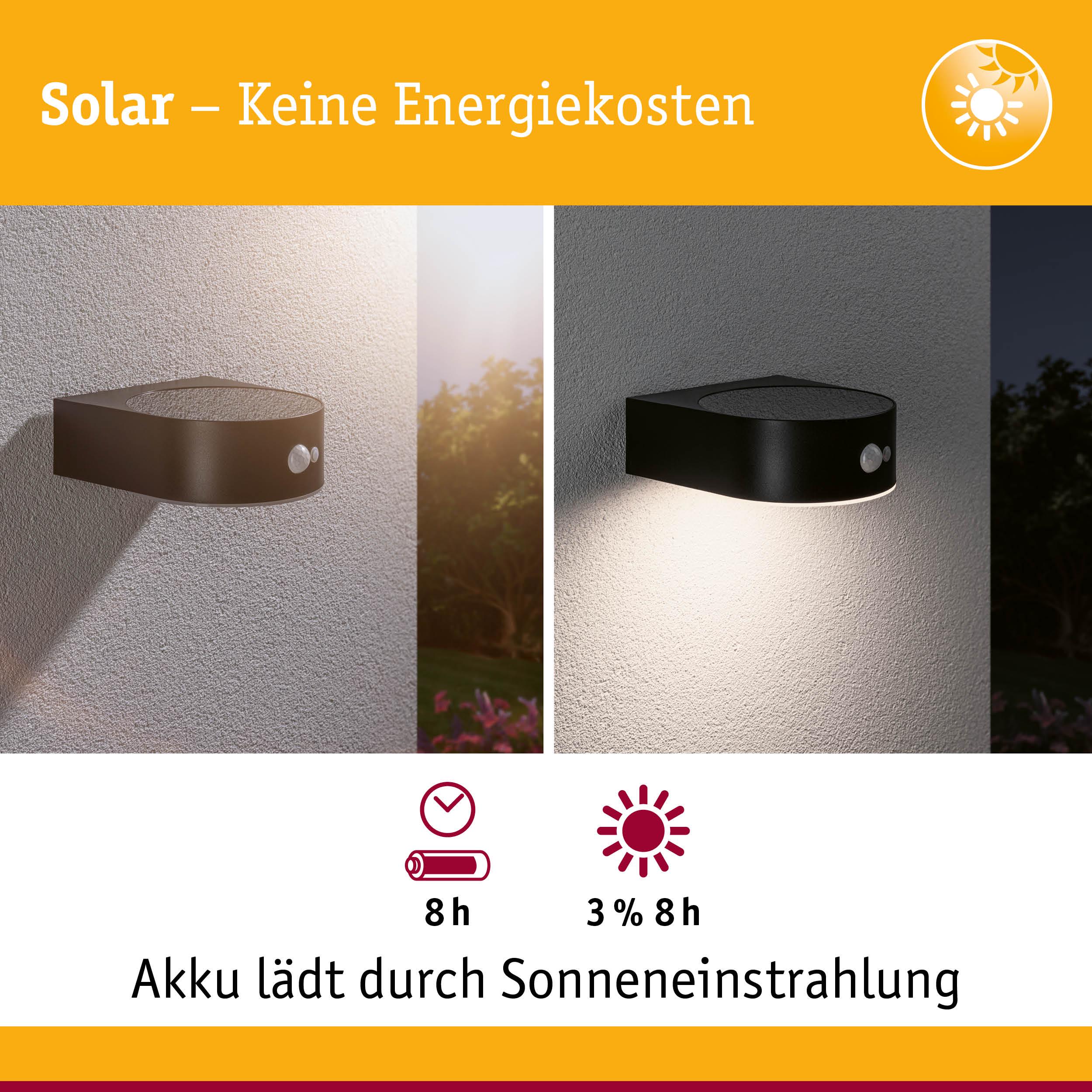 Schwarze Solar-Wandleuchte aus Metall mit Bewegungsmelder, lädt Akku durch Sonnenenergie, energiesparend