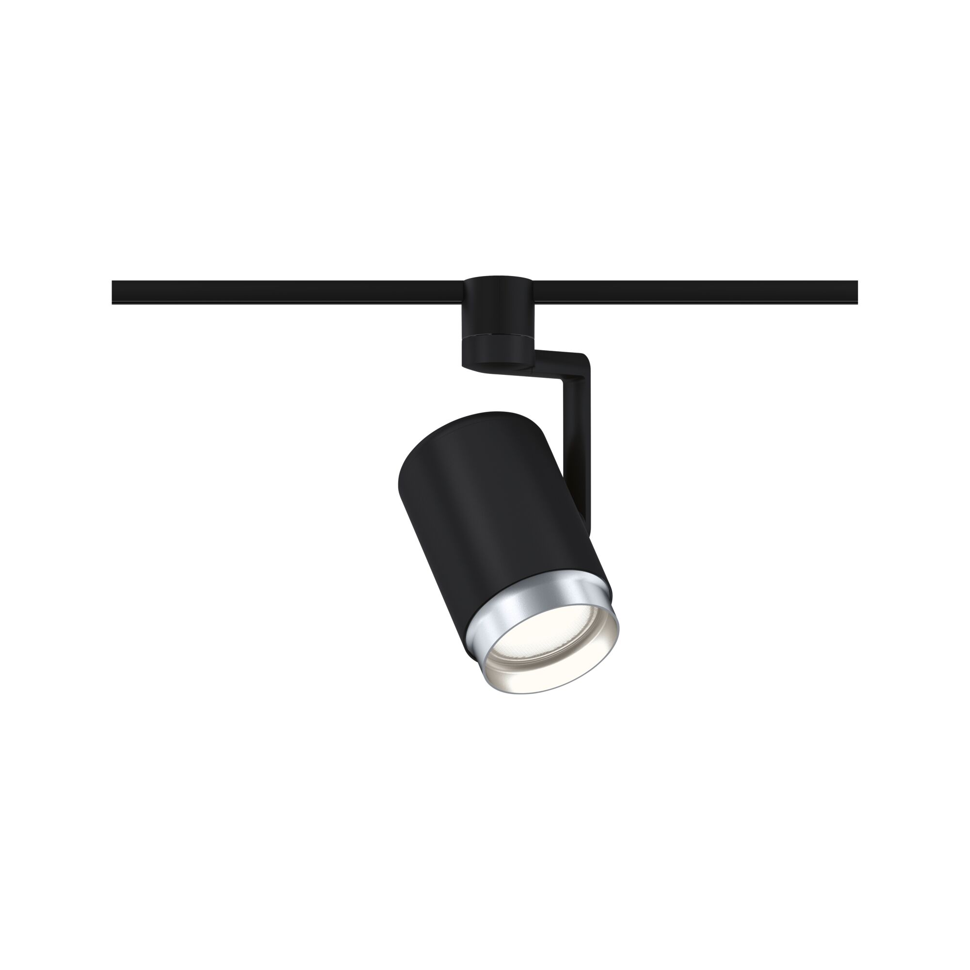 Schwarzer LED-Spot aus Metall mit silbernem Rand an Schienensystem für flexible Beleuchtung