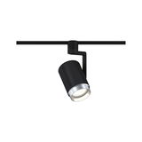 Schwarzer LED-Spot aus Metall mit silbernem Rand an Schienensystem für flexible Beleuchtung