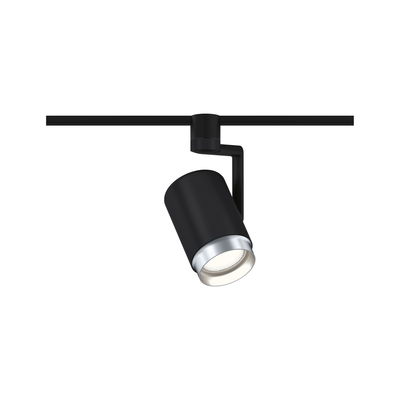 Schwarzer LED-Spot aus Metall mit silbernem Rand an Schienensystem für flexible Beleuchtung