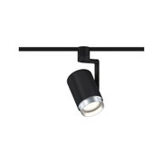Schwarzer LED-Spot aus Metall mit silbernem Rand an Schienensystem für flexible Beleuchtung