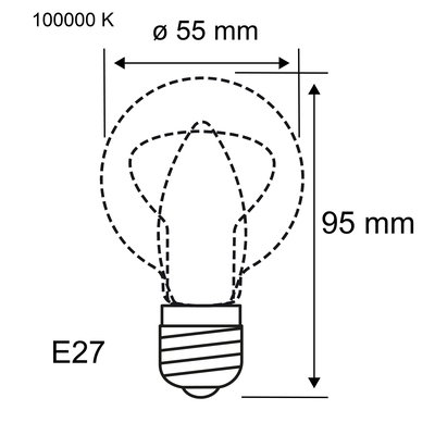 Technische Zeichnung einer E27 Glühbirne mit 55 mm Durchmesser und 95 mm Höhe, 100000 K Farbtemperatur