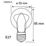 Technische Zeichnung einer E27 Glühbirne mit 55 mm Durchmesser und 95 mm Höhe, 100000 K Farbtemperatur