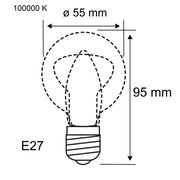 Technical drawing of an E27 light bulb with 55 mm diameter and 95 mm height, 100000 K color temperature