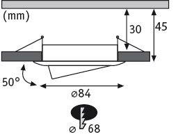 Technical drawing of a round LED recessed spotlight with 84 mm diameter and 50-degree tilt.