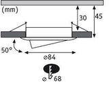 Technical drawing of a round LED recessed spotlight with 84 mm diameter and 50-degree tilt.
