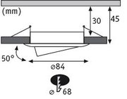 Technische Zeichnung eines runden LED-Einbaustrahler mit 84 mm Durchmesser und 50 Grad Neigung.