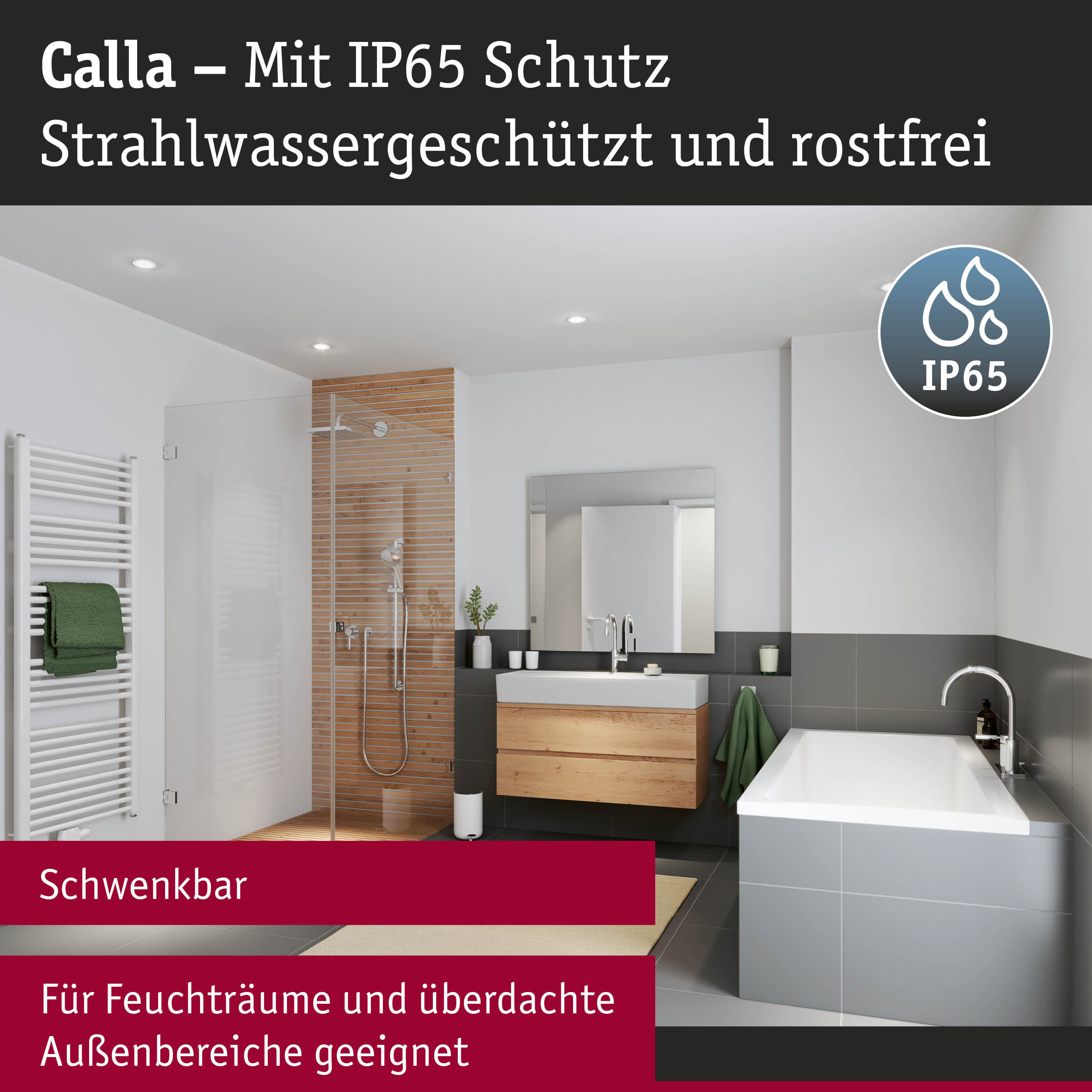 Modernes Badezimmer mit Holz- und Grautönen, IP65 geschützte Beleuchtung für Feuchträume