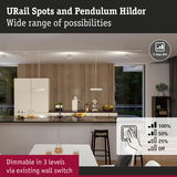 Modern white URail Spots and Pendulum Hildor lights in kitchen with dimmable lighting via wall switch