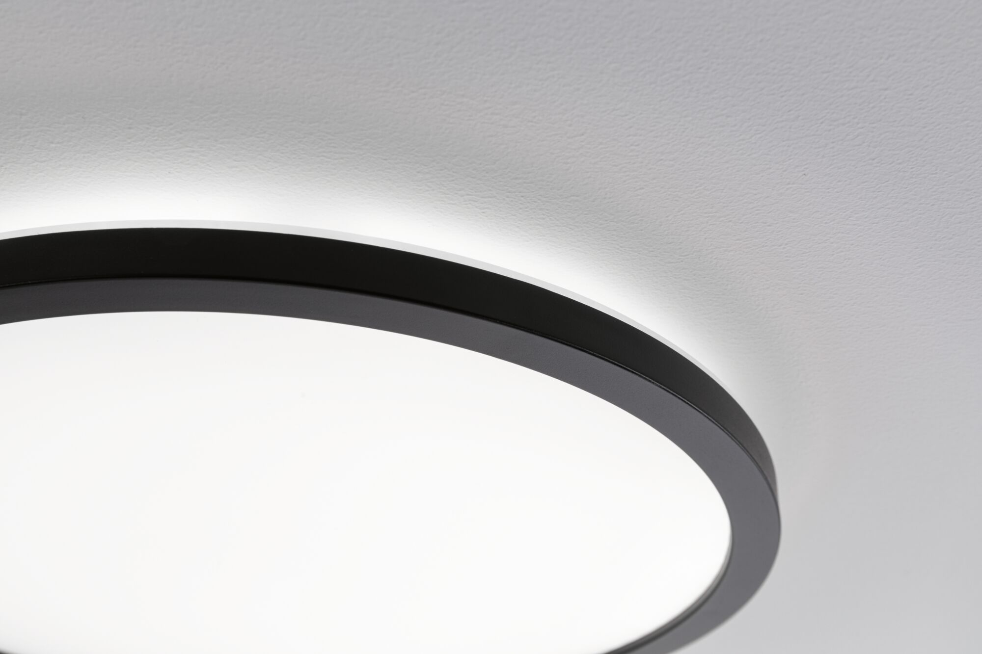 Rund loftlampe med sort aluminiumsramme og hvid diffuser til moderne indendørs belysning