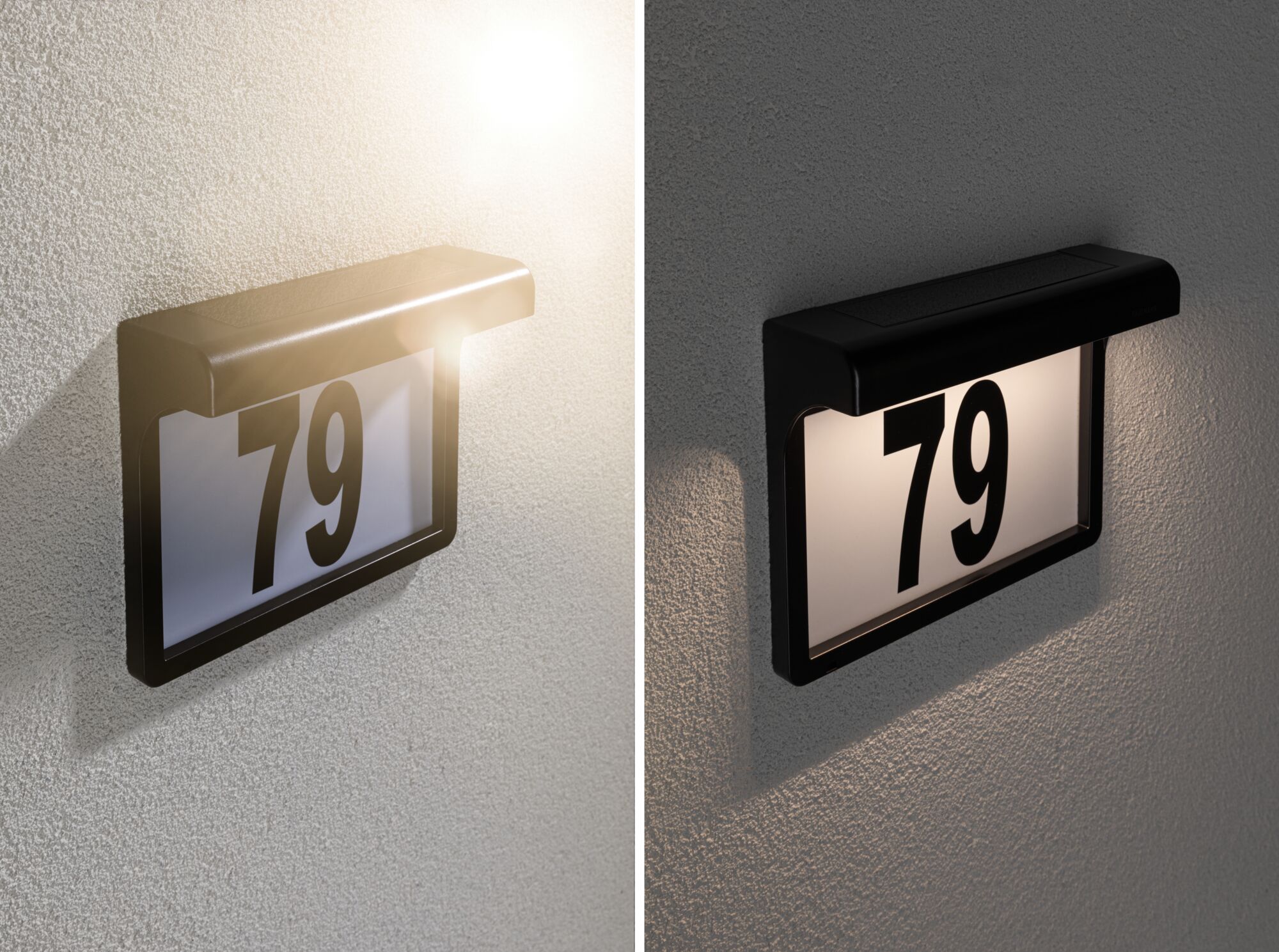 Plaque de numéro de maison LED noire avec chiffre 79 éclairé sur mur texturé de jour comme de nuit