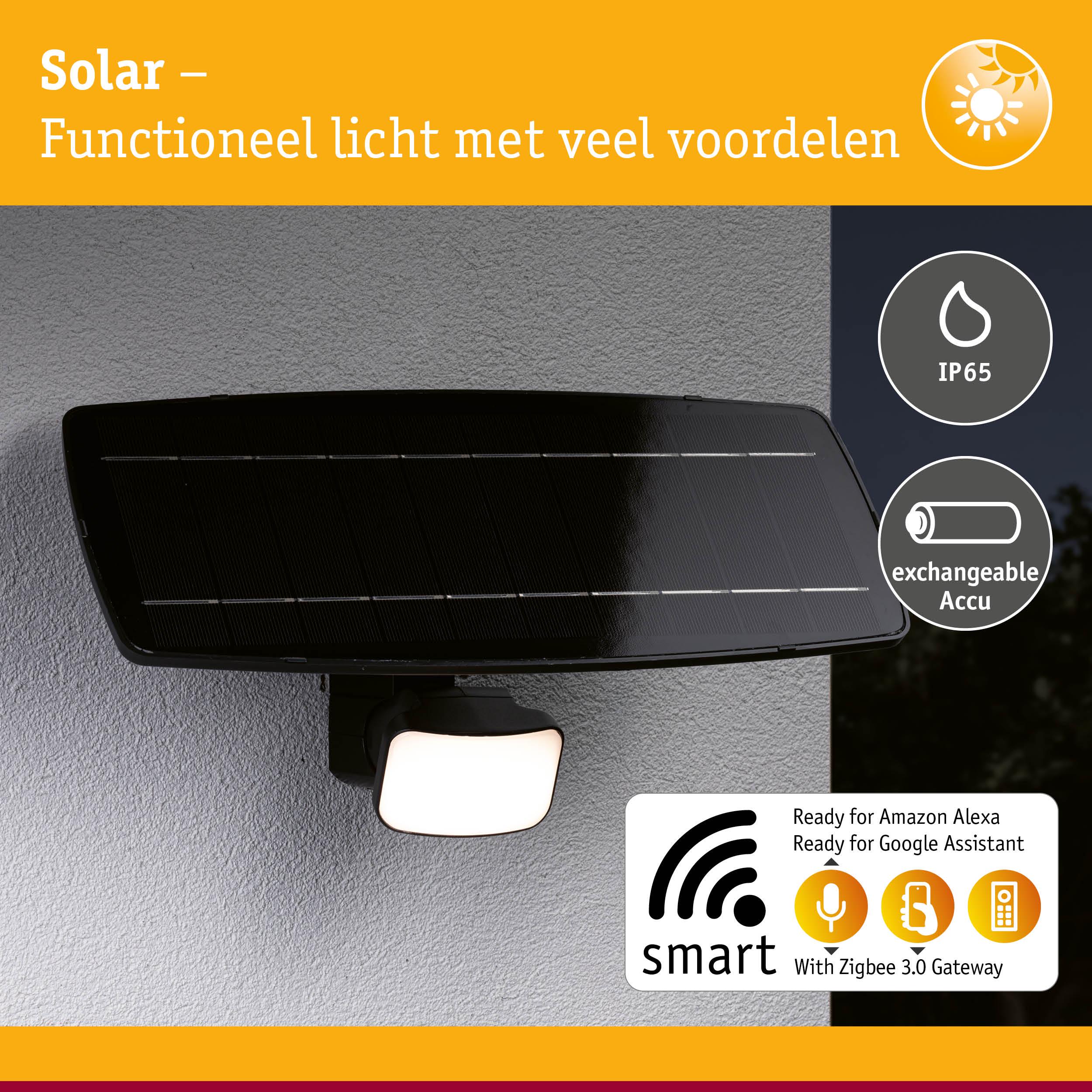 Zwarte solar buitenlamp met IP65 en verwisselbare accu, slimme bediening via Alexa en Google Assistant.