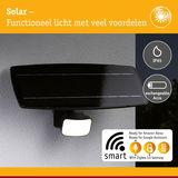 Zwarte solar buitenlamp met IP65 en verwisselbare accu, slimme bediening via Alexa en Google Assistant.