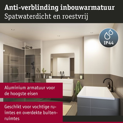 Spatwaterdichte aluminium inbouwarmatuur met anti-verblindingsfunctie voor vochtige ruimtes en overdekte buitenruimtes