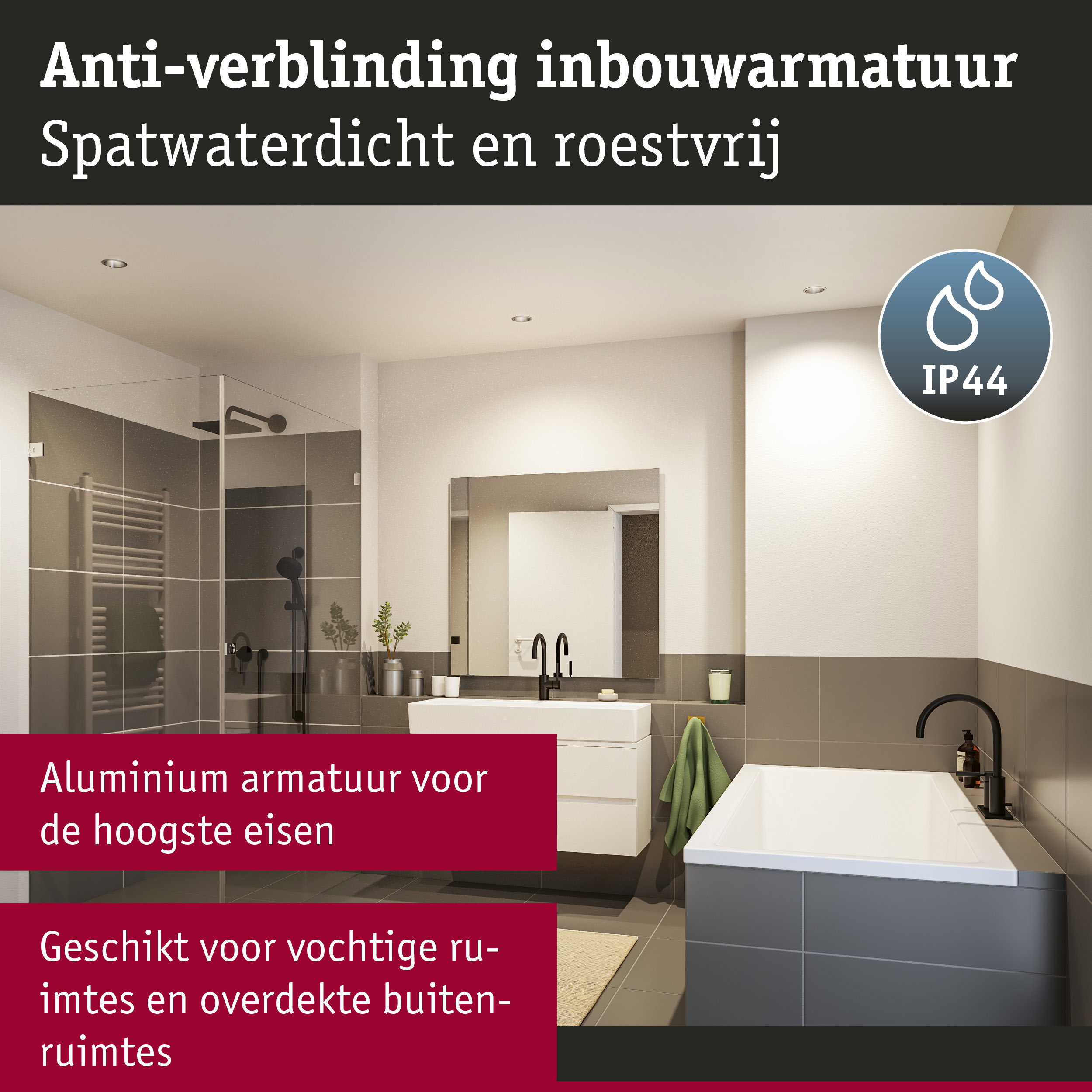 Moderne badkamerverlichting met IP44 aluminium inbouwspots, spatwaterdicht en roestvrij