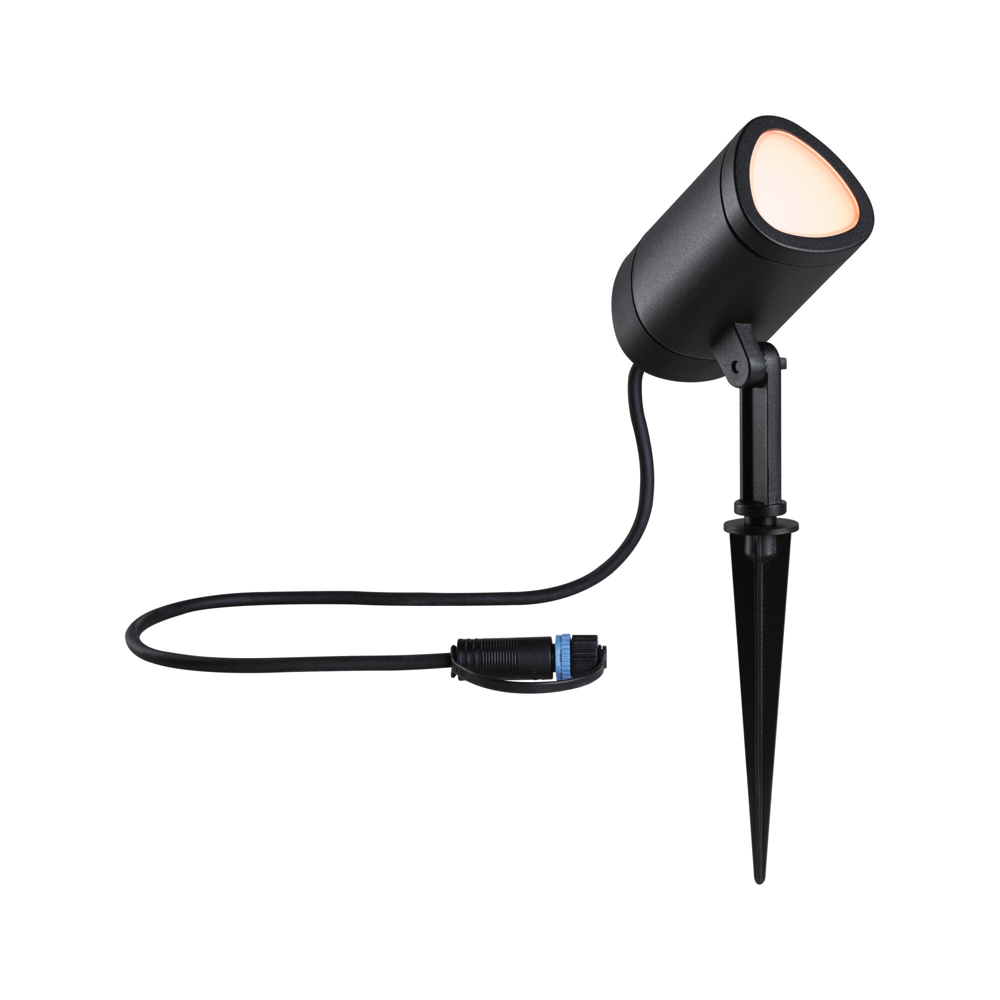 Black LED garden spotlight with ground spike and cable connector for outdoor lighting.