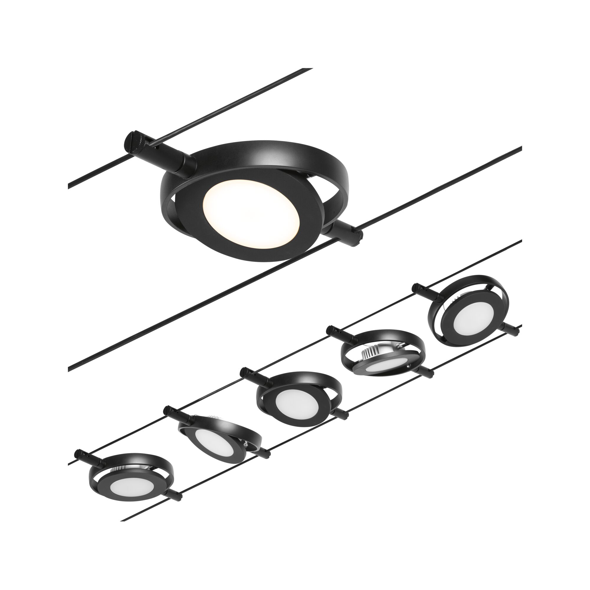 Black round LED cable spotlights with white light for modern indoor lighting solutions