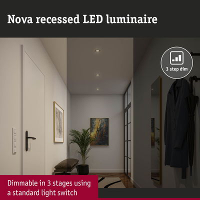 Nova white recessed LED luminaire with 3-step dimming in a modern hallway with coat rack and artwork