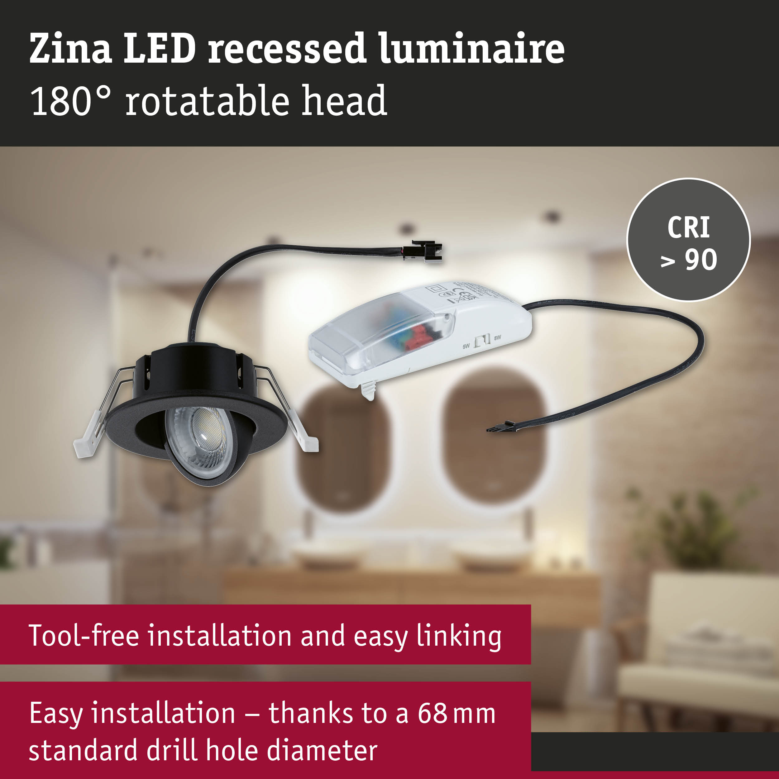 Zina black LED recessed spotlight with 180° rotatable head and CRI over 90 for easy installation