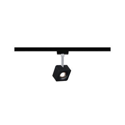 Black square metal LED spotlight on black track for modern indoor lighting solutions