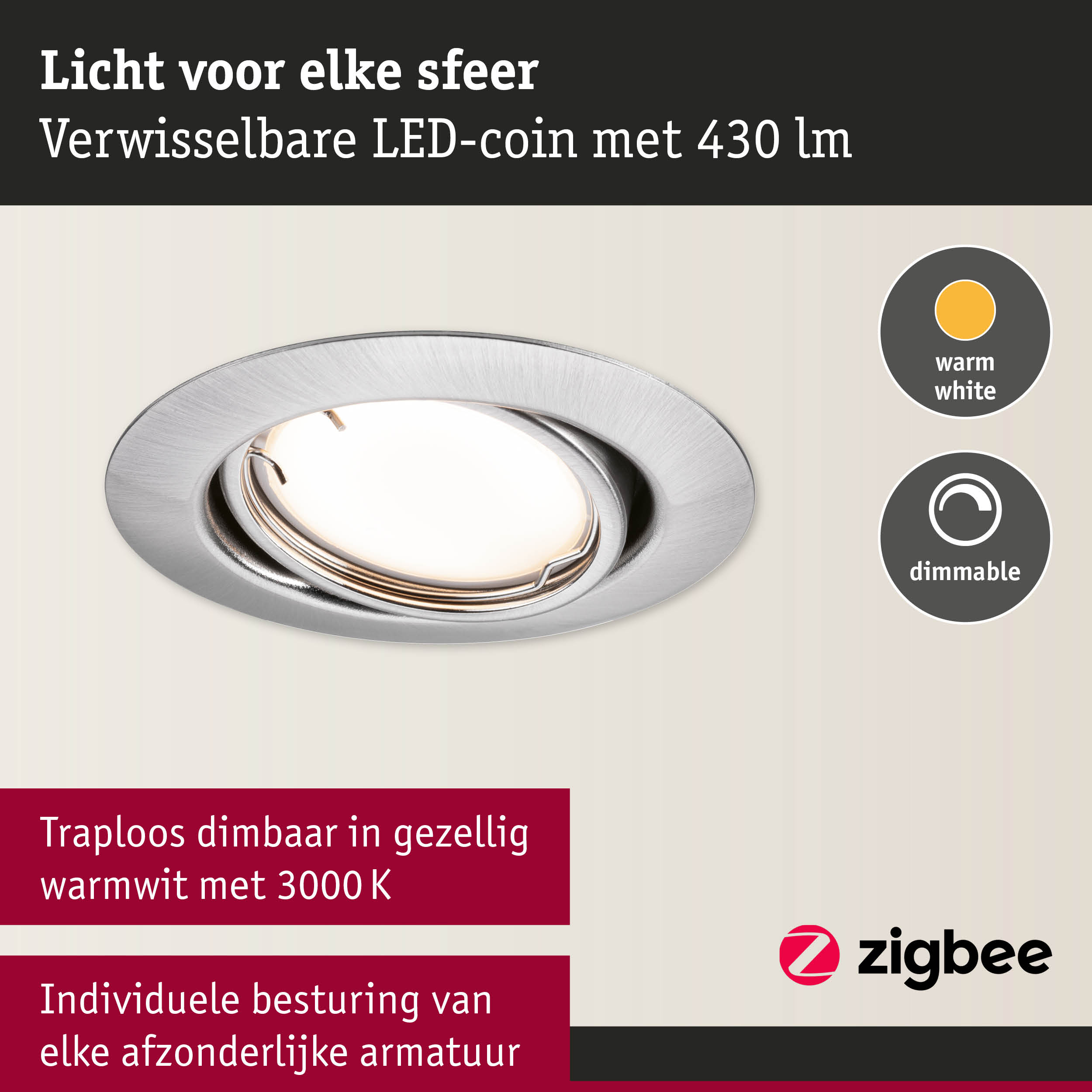 Ronde inbouwspot van geborsteld aluminium met warmwit dimbaar LED-licht en verwisselbare LED-coin