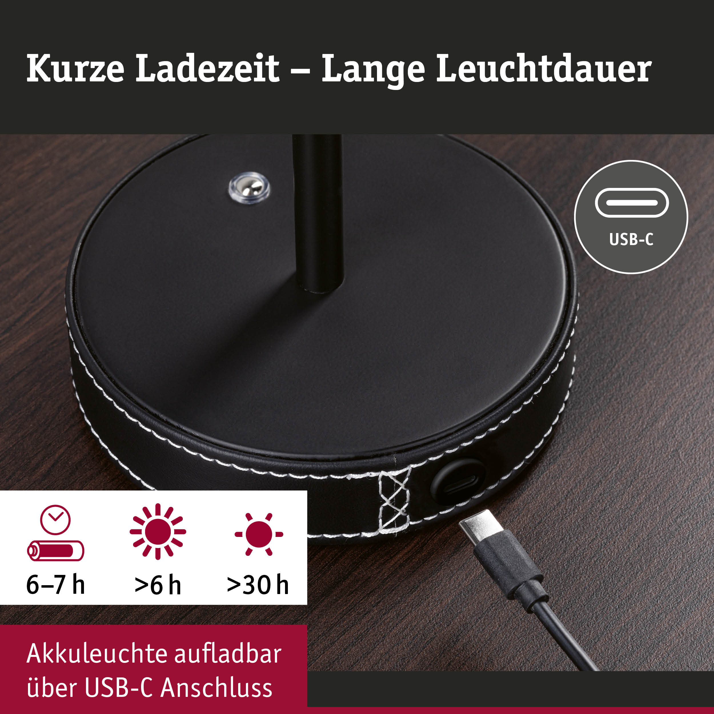 Schwarze Akkuleuchte mit weißer Naht und USB-C Anschluss für schnelles Laden und lange Leuchtdauer