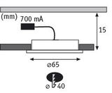 Technische Zeichnung eines LED-Einbaustrahler mit 65 mm Durchmesser und 15 mm Höhe, 700 mA Strom.