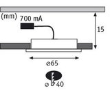 Technische tekening van LED-inbouwspot met 65 mm diameter en 15 mm hoogte, 700 mA stroom.