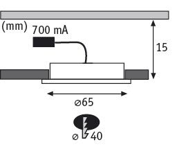 Technical drawing of LED recessed spotlight with 65 mm diameter and 15 mm height, 700 mA current.