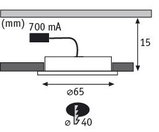 Schéma technique d'un spot LED encastré de 65 mm de diamètre et 15 mm de hauteur, courant 700 mA.
