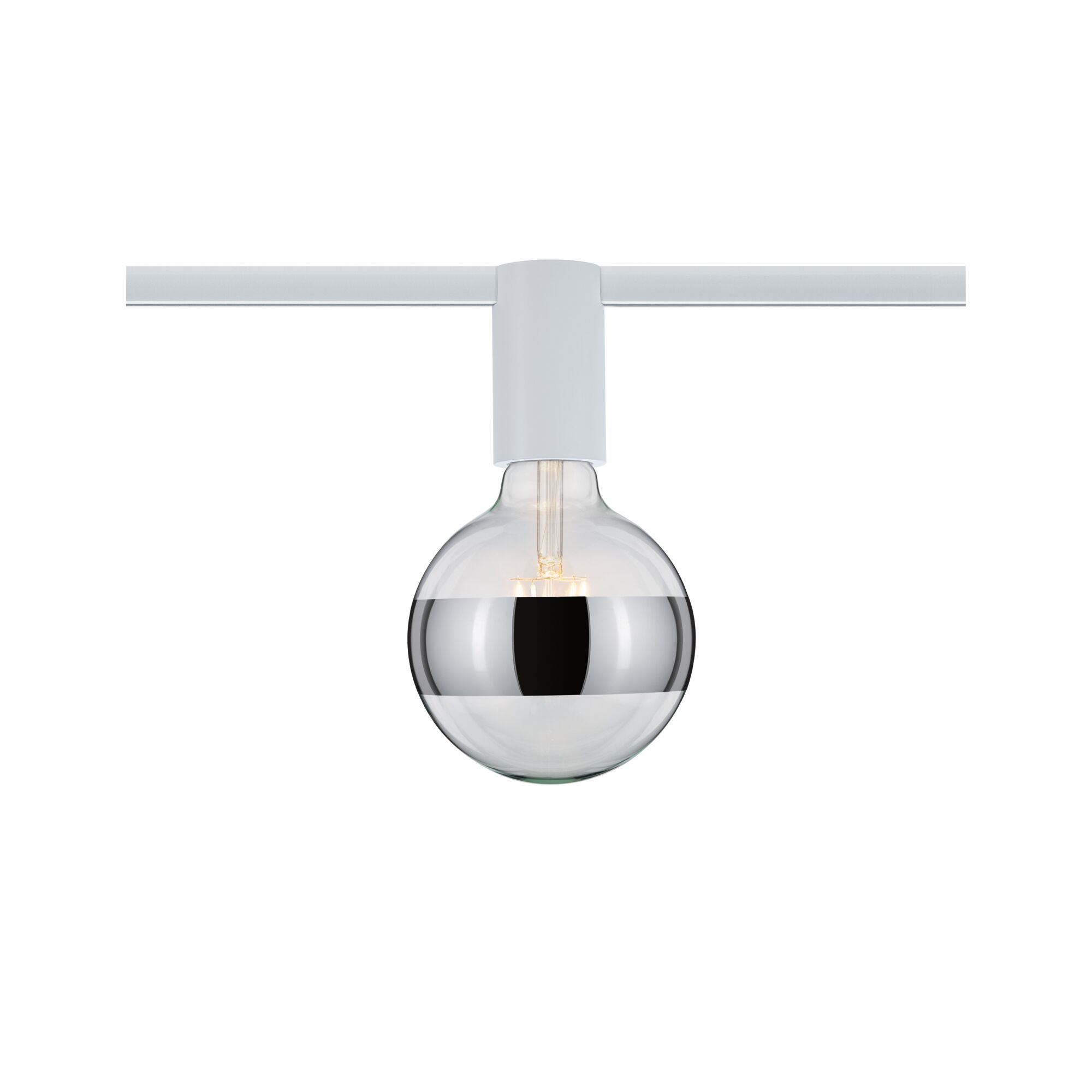 Moderne LED-lamp met halfspiegelend glas en witte houder voor railsysteemverlichting