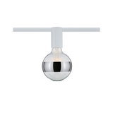 Moderne LED-lamp met halfspiegelend glas en witte houder voor railsysteemverlichting