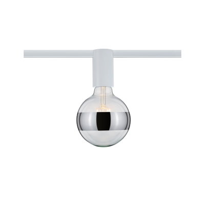 Moderne LED-lamp met halfspiegelend glas en witte houder voor railsysteemverlichting