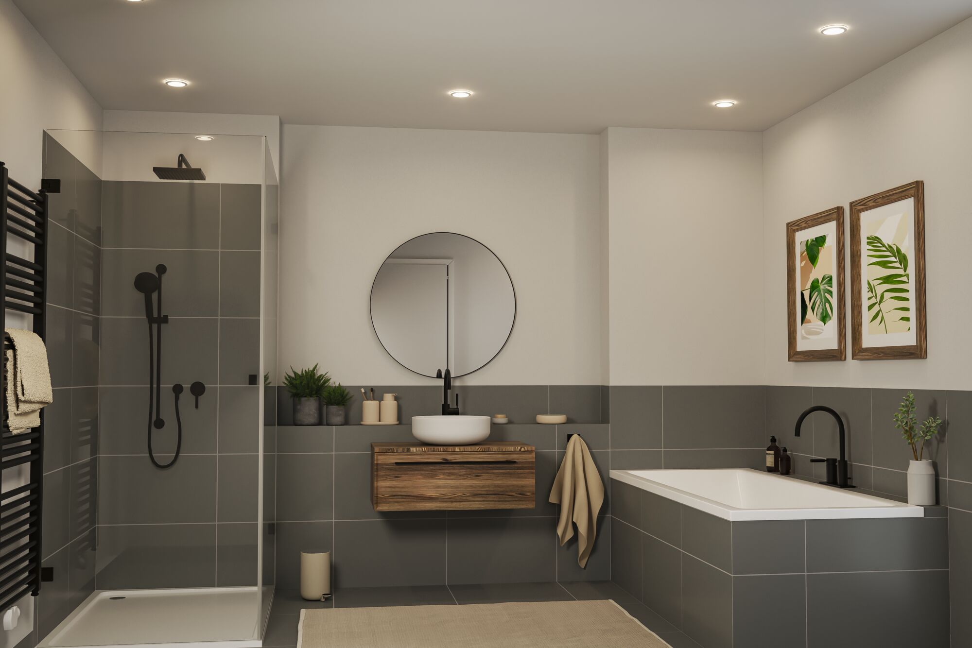 Modernes Badezimmer mit grauen Fliesen, Holz-Waschtisch, runder Spiegel und schwarzer Armatur für Badewanne und Dusche