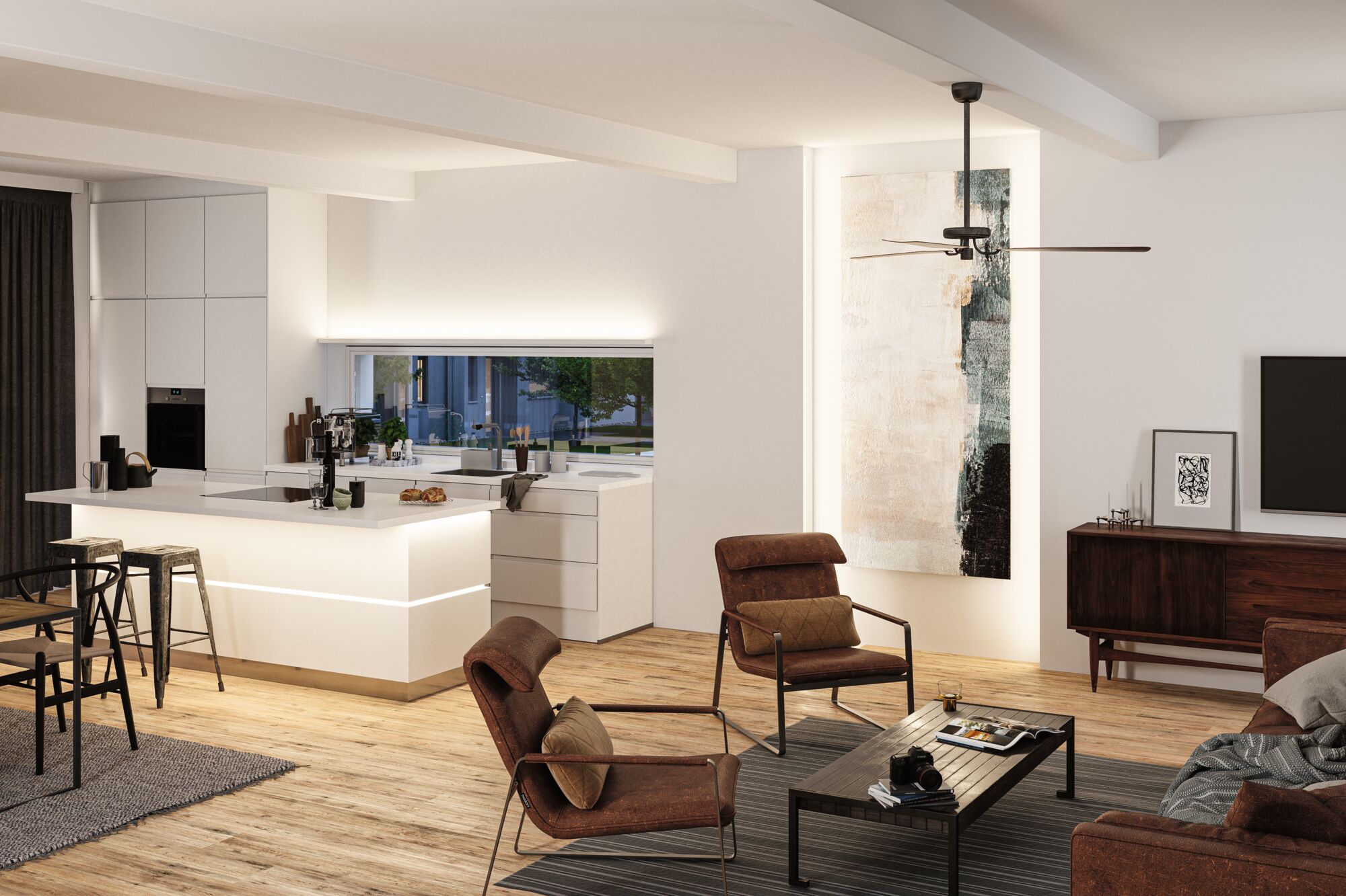 Salon moderne avec fauteuils en tissu marron, sol en bois et îlot de cuisine blanc avec éclairage LED