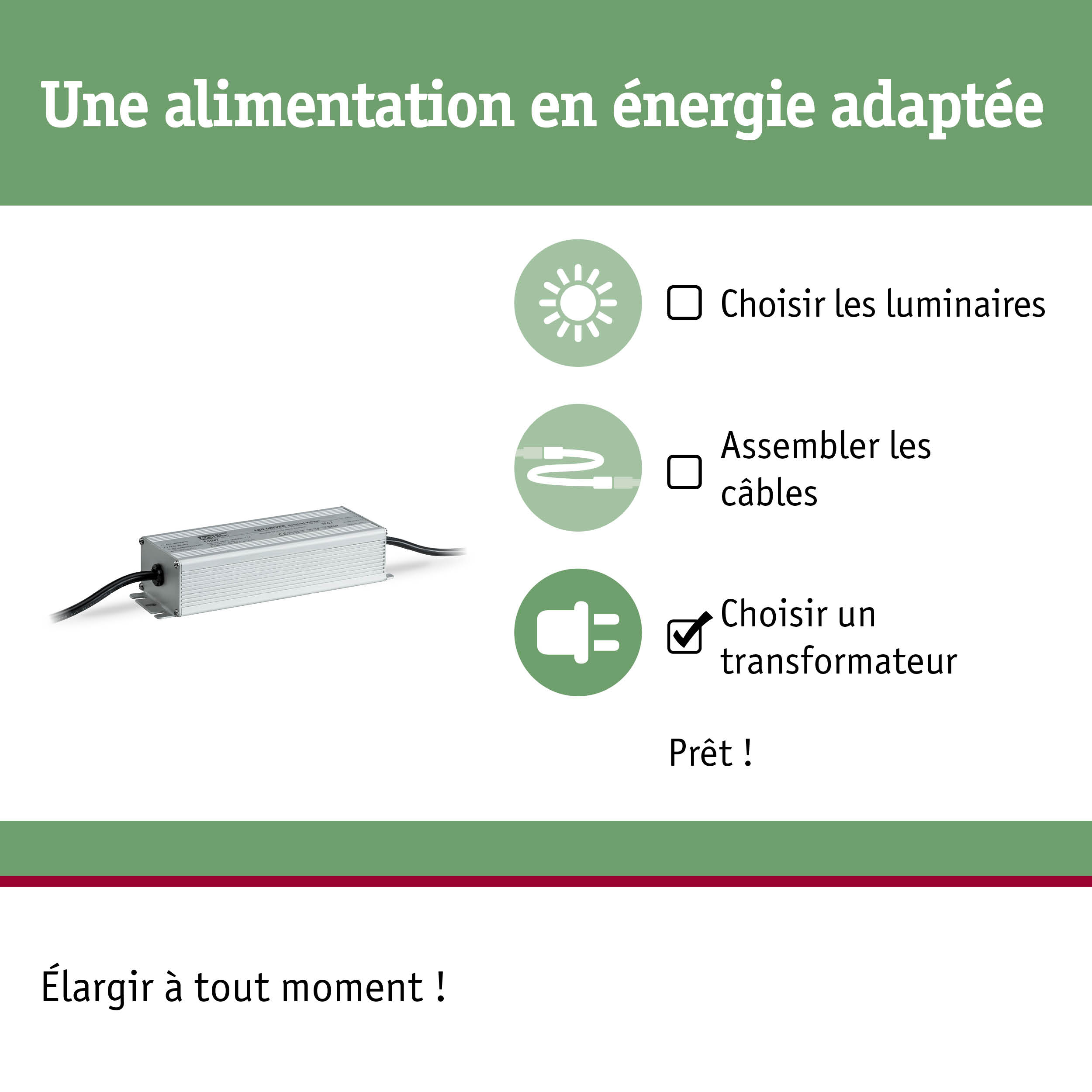 Transformateur LED en aluminium argenté avec câbles pour systèmes d'éclairage économes en énergie