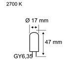 Technische Zeichnung einer GY6,35 LED-Lampe mit 17 mm Durchmesser und 47 mm Länge, 2700 K Lichtfarbe