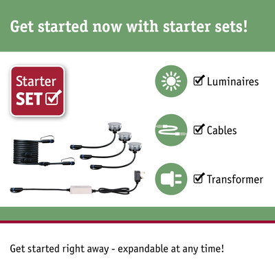 Starter set with black cables, transformer, and luminaires for expandable lighting systems