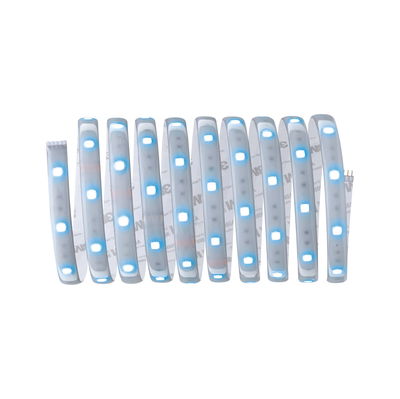 Flexible LED strip light with blue LEDs and adhesive backing for versatile lighting solutions.