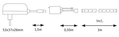 Teknisk tegning af strømforsyning med 1,5m kabel, 0,5m tilslutningskabel og 3m LED-lysliste
