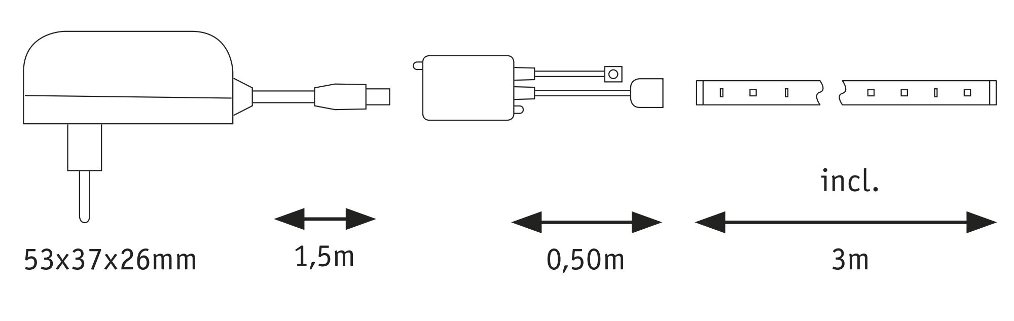 Teknisk tegning af strømforsyning med 1,5m kabel, 0,5m tilslutningskabel og 3m LED-lysliste