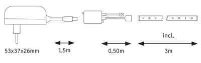 Technical drawing of power adapter with 1.5m cable, 0.5m connector cable and 3m LED strip light