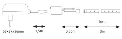 Technische tekening van een adapter met 1,5m kabel, 0,5m aansluiting en 3m LED-strip inbegrepen