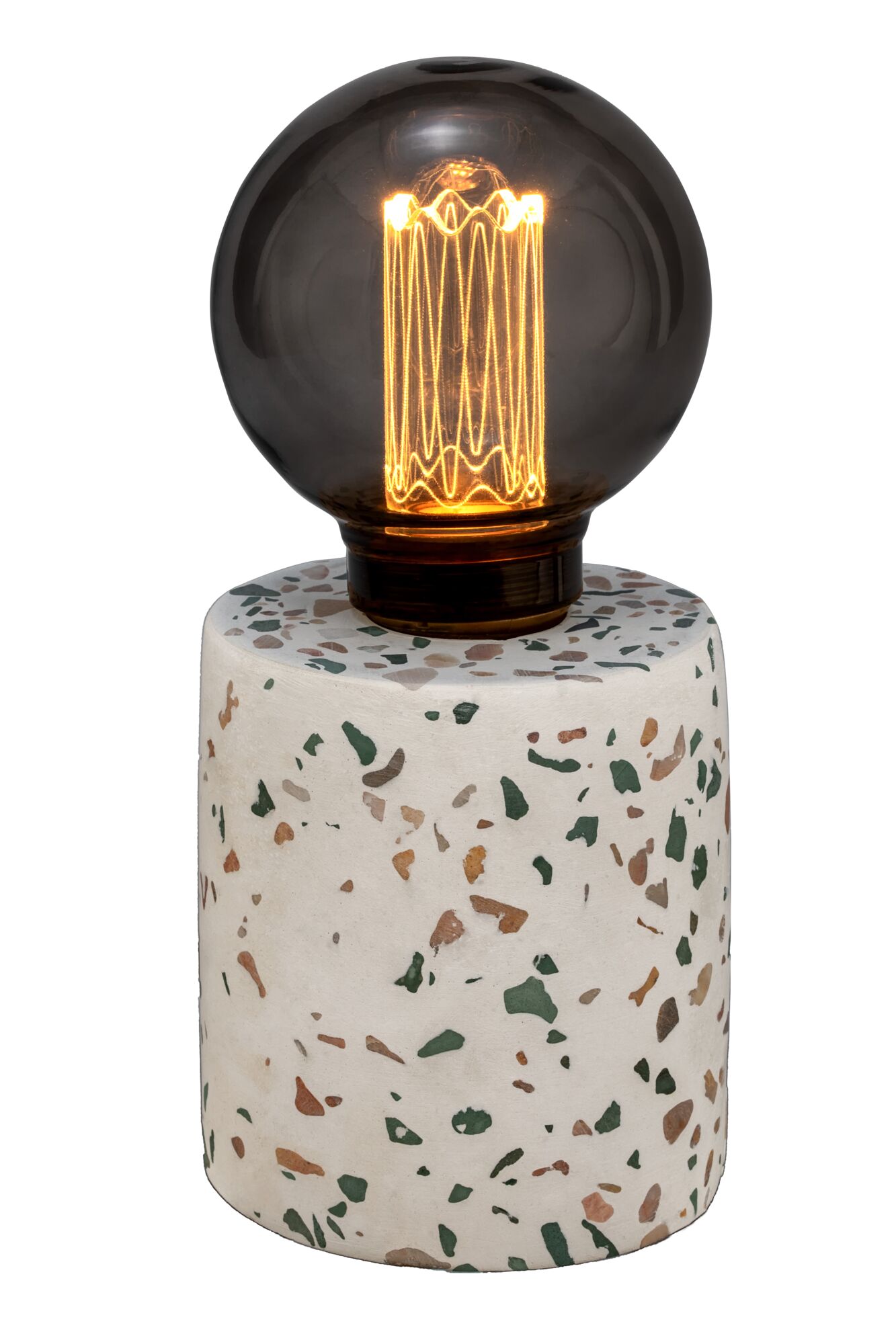 Table lamp with black glass globe and white terrazzo base with colorful chips, decorative LED lighting