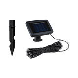 Black solar LED string light set with plastic ground stake for outdoor garden lighting.